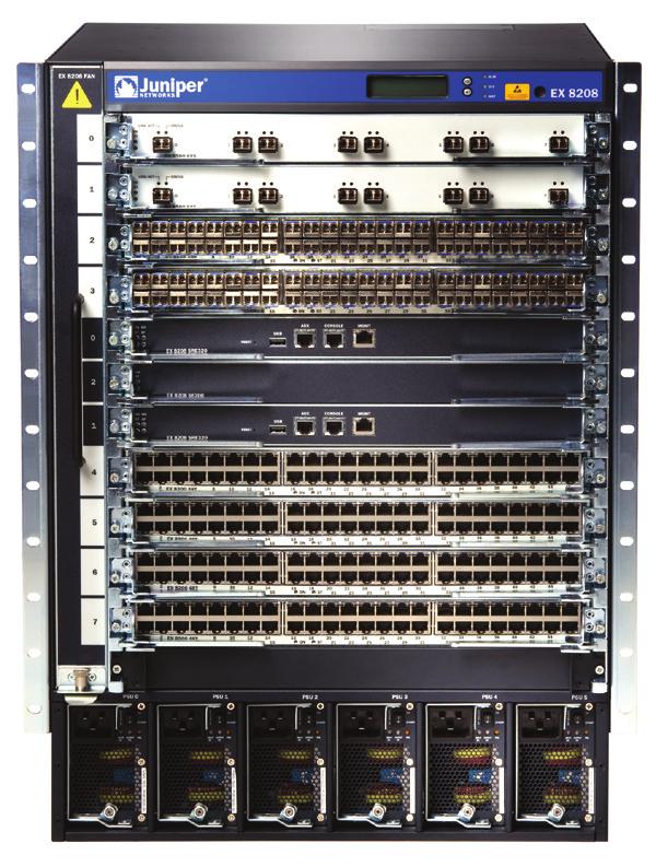 The consists of two chassis options: The EX 8208 offers eight dedicated slots in a 14 rack-unit (RU) chassis to support line cards offering a variety of 10/100/1000BASE-T, 100BASE-FX/1000BASE-X and