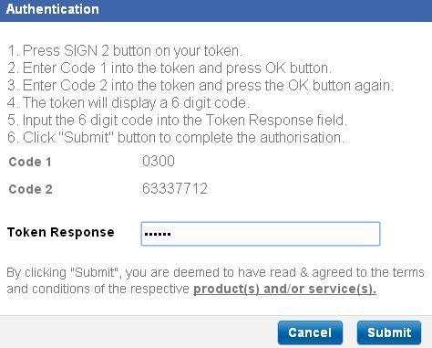 5 Follow the instructions on the Authentication pop-up message box to obtain the Token Response code from your token.