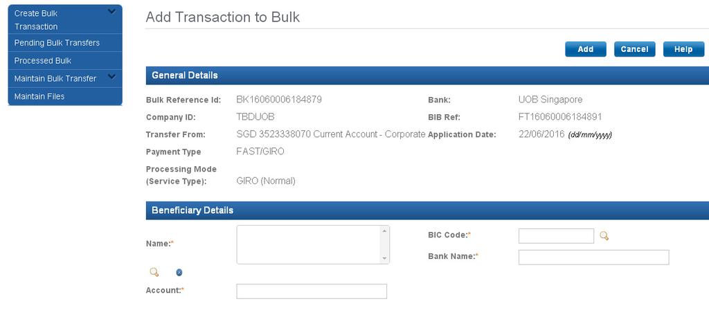 Payment Services Bulk Cheque transaction screen!