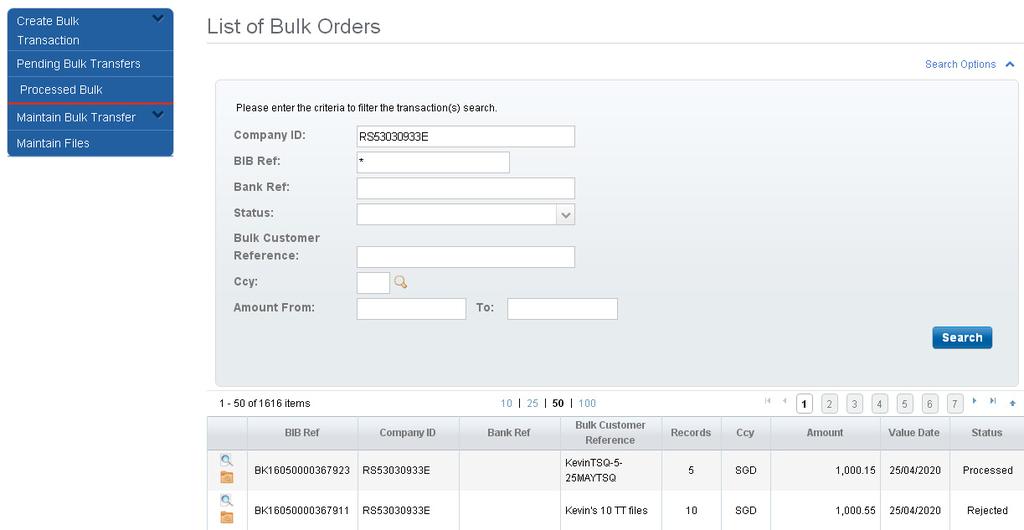 Payment Services 4 Click to view details of the processed bulk file.
