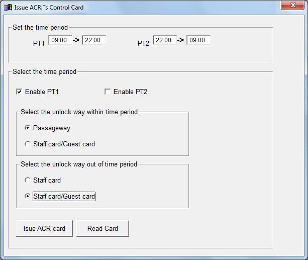 Issue ACR s Control Card The ACR time period function allows operators to nominate 2 time periods for access or free passage.