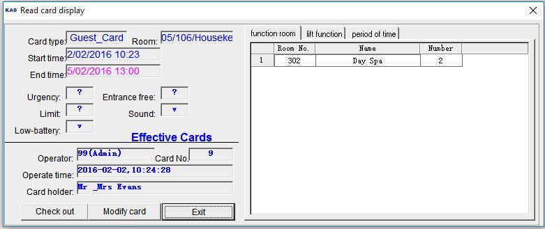 Read Card Place card on Encoder. (Two blue lights appear and the Read Card Display window appears). Select Read Card button, to access Guest Card details. Populate the Room Request Details.