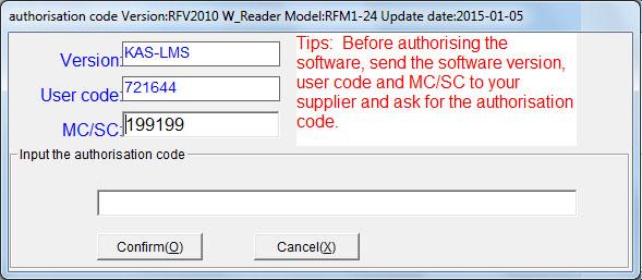 Software Registration Select Software Registration (Authorisation Code Version window appears). The software must registered before use, otherwise the it will not operate correctly.