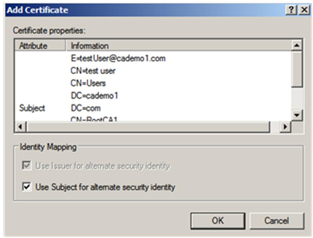 6 Integrating Managed PKI Certificates with Microsoft ActiveSync Map Certificates To have this certificate map to one user, select the Use Issuer for alternate security identity and Use Subject for