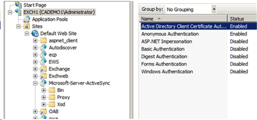 Integrating Managed PKI Certificates with Microsoft ActiveSync Prepare for Certificate Mapping for ActiveSync 3 a At the top level, enable Active Directory Client Certificate and Anonymous