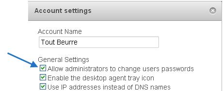 Leostream Cloud Desktops 4. In the Account settings form, select the Allow administrators to change user passwords option, shown in the following figure. 5. Click Save.