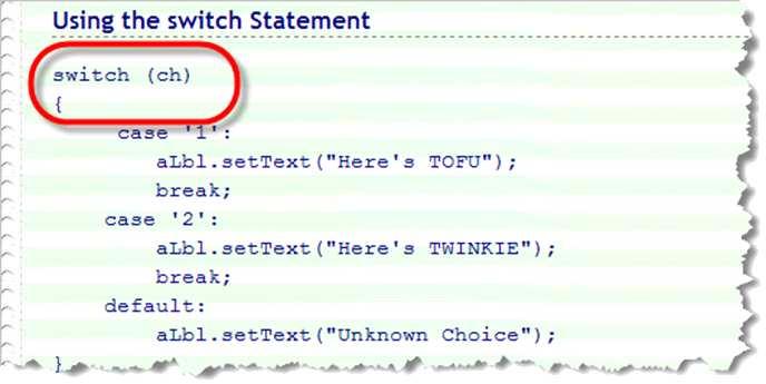 The switch Selector The switch selector can be most integer expressions Includes int, short, byte, and char Can't use boolean, long, float, double, or String Placed in parentheses following keyword