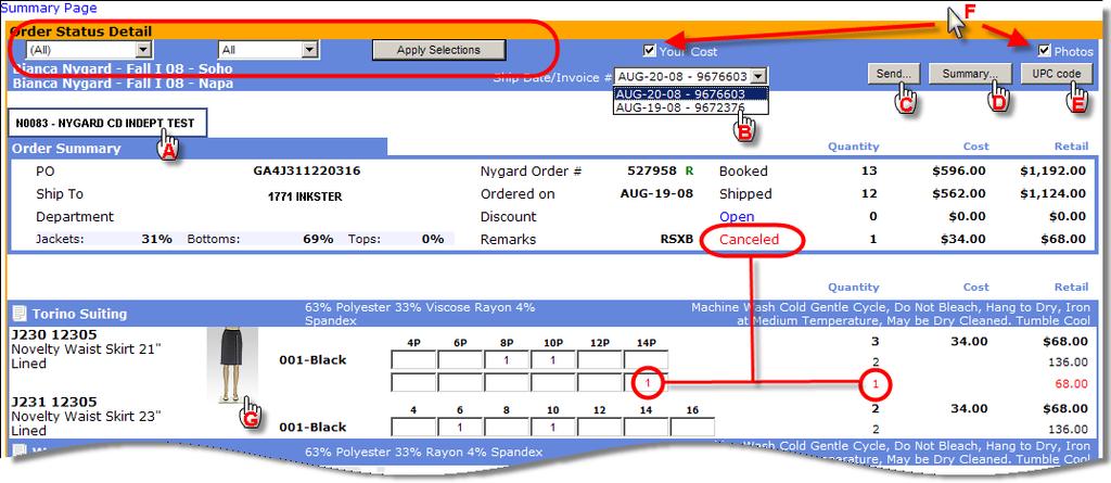 Summary Page Order Status Detail Page Features A Click to display complete Ship To Address B Click to display Invoices for the selected order C Click to send copy by email D Click to view a