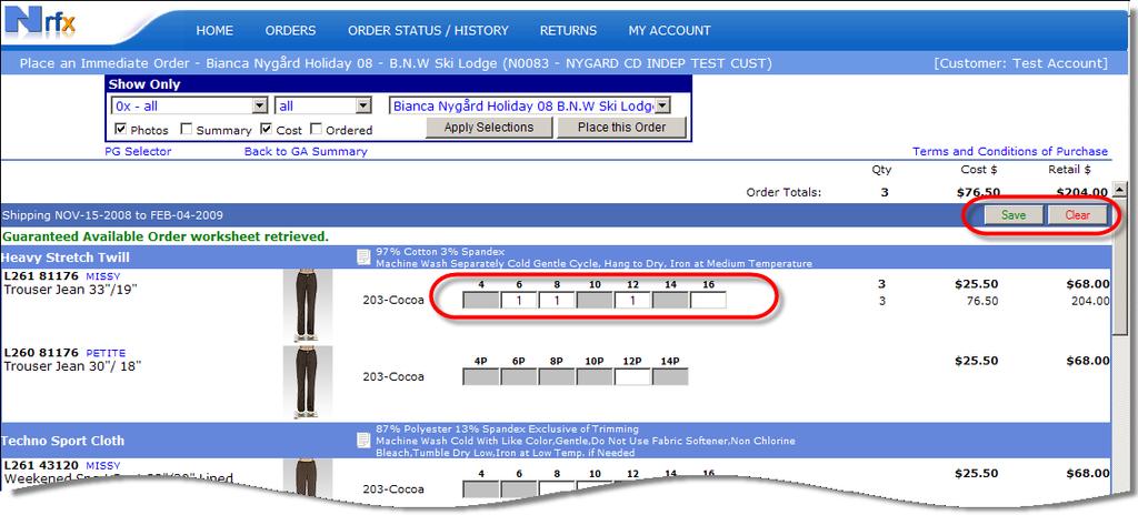 Enter the desired quantities by size and fit by clicking on the white boxes beneath the size range 8.