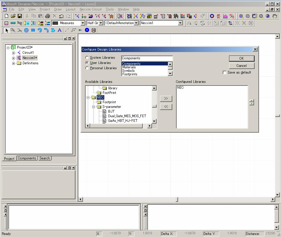 <2> Select the [User Libraries] option button, and then - select "Components" from the item list, select the NEC folder and click the >> button; "NEC" is then displayed in the right-hand screen.