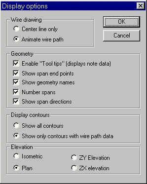 If you click with the RIGHT HAND mouse button when the cursor is within the graphic display area the following menu is displayed: Wire Drawing: Centre Line Only - Animate Wire path Centre Line Only