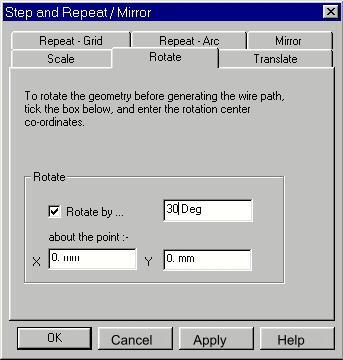 Machining - Step and Repeat - Rotate This page of the dialog enables you to rotate operations about a defined point.