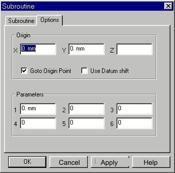 The Options page of the dialog allows you to output a datum shift to be used with the subroutine and up to six calling parameters With this
