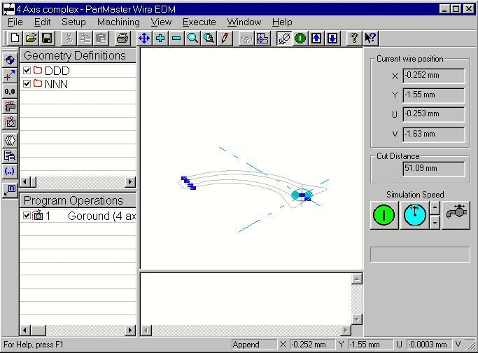 Screen Layout Geometry definitions Status Panel Main Graphics Area displaying geometry and wire paths Program operations such as Goround, Goto, etc, NC code area only seen after Post processing All