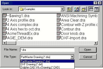 File Import The File - Import command is used to load an existing drawing. The file types currently available are PartMaster drawings, Dolphin CAD version 4 drawings and DXF drawings.