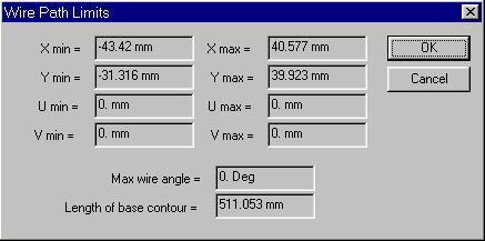 View Preferences Limits The View - Limits command opens a dialog in which the maximum and minimum values (XY and UV) for the generated wirepath are displayed, together with the maximum angle and the