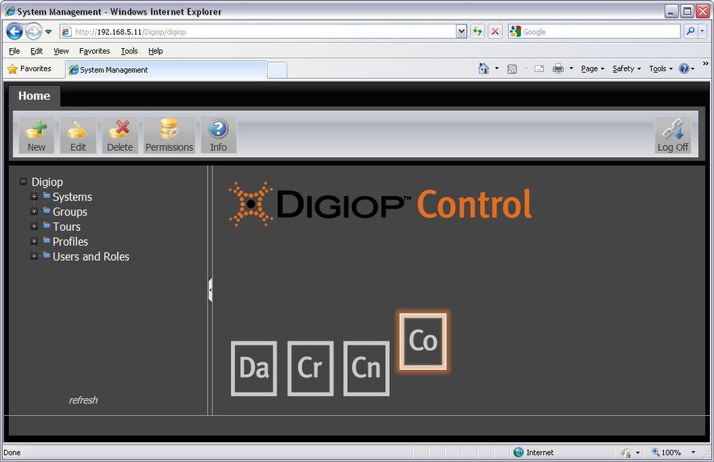 To close the connection to DIGIOP Control, click the Log Off button in the upper right corner of the screen.