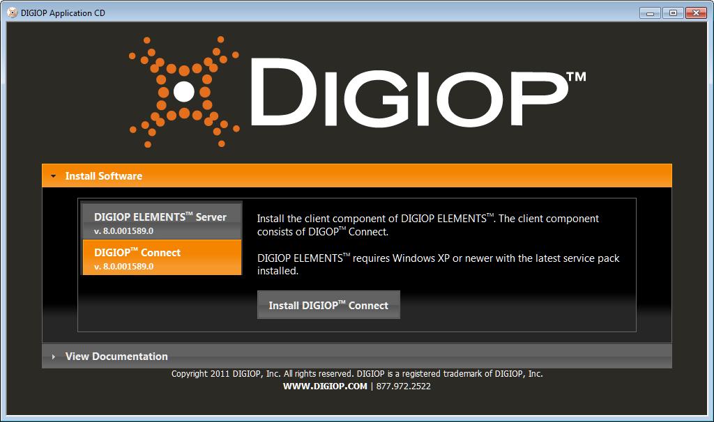 B. Click the Install Software bar to open the menu. C. Click the button labeled DIGIOP Connect to highlight it, then click the Install DIGIOP Connect button.