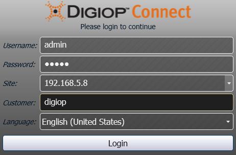 B. In the DIGIOP Connect login window, do the following: If your server is managed Locally : Enter your Username and Password in the appropriate fields.