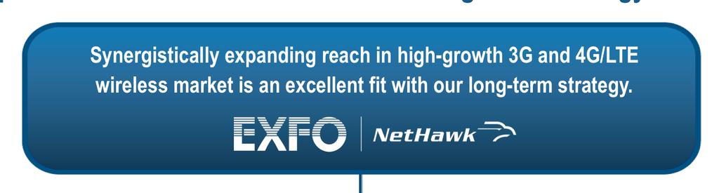 Acquisition Rationale Fit with EXFO s Long-Term Strategy Synergistically expanding reach in high-growth 3G and 4G/LTE wireless market is an excellent fit with our long-term strategy.