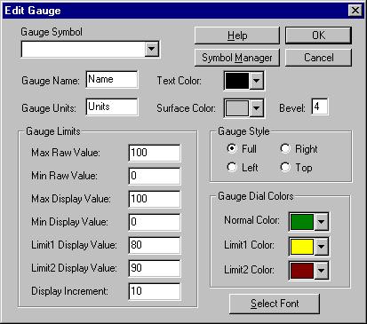 Four gauge styles are available. The Edit Gauge dialog box is shown in the following figure and described in the following table.