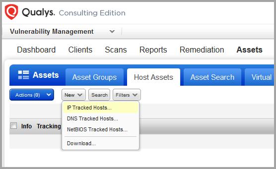 Get Started Add assets You ll need to tell us the IPs/ranges you want to scan and report on. Go to Assets > Host Assets.