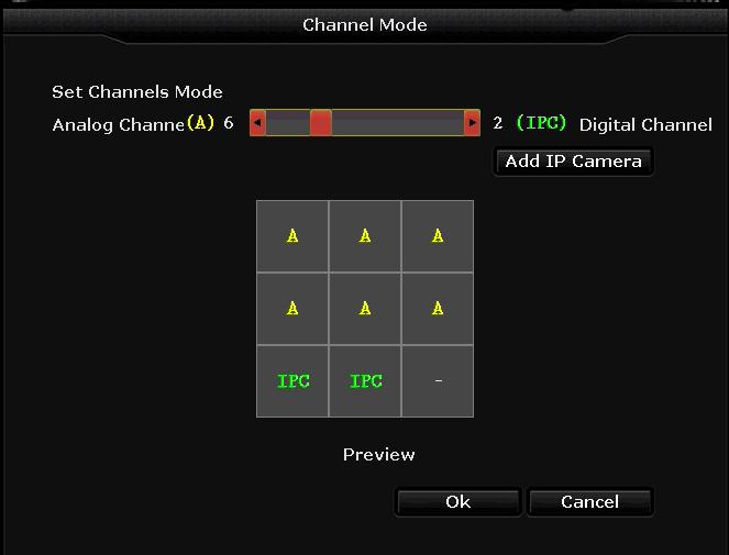 0 CHANNEL MODE Within this page, user can choose how many analog and IP cameras he/she is
