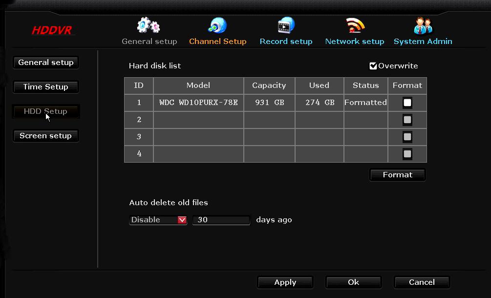 3.3 HDD Setup (Format the Hard Drive) DVR comes formatted To delete the hard drive data, right click with your mouse and select Setup then left click to select System Tools then select HDD management.