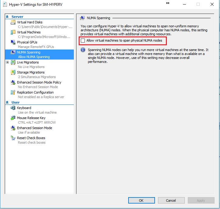 From the Server section, select NUMA Spanning and disable Allow virtual machines to