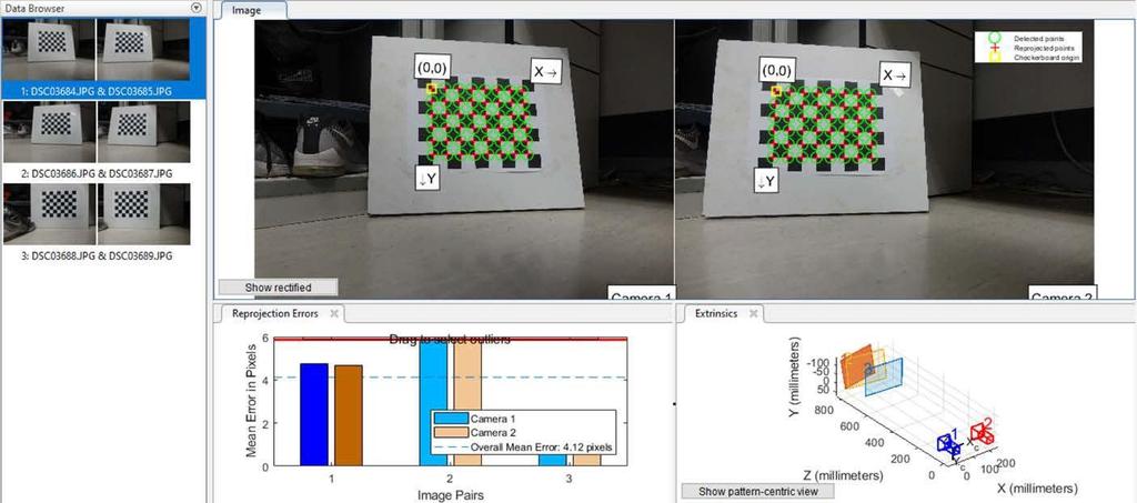 Fig. 14: Calibration for a pair of camera. Then, the program will automatically detect the checkerboard from each pair and estimate the intrinsic and extrinsic parameters of the stereo system.