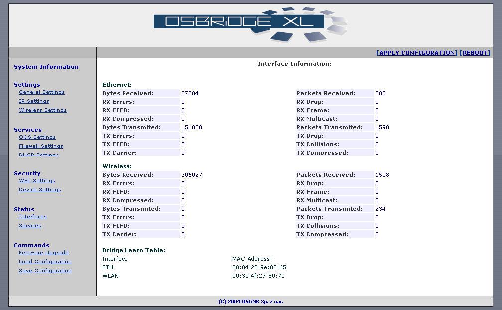 8. Interface Status This page shows statistical information about packets that traversed the bridge/router.