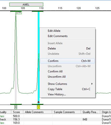 30 Reviewing Allele Calls To edit an allele call, simply right click on the corresponding peak bin and choose