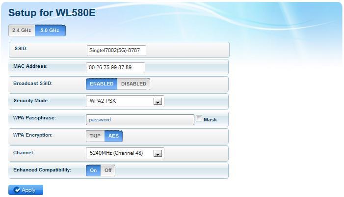 Setup The Setup page shows the current properties of the WL580E.