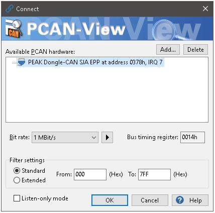 Do the following to start and initialize PCAN-View: 1. Open the Windows Start menu and select PCAN-View. The Connect dialog box appears. Figure 11: Selection of the hardware and parameters 2.