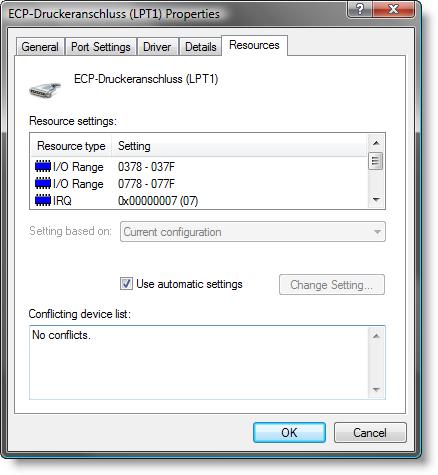 Figure 6: Entry in the Device Manager for the printer port 3. Select the tab Resources. 4.