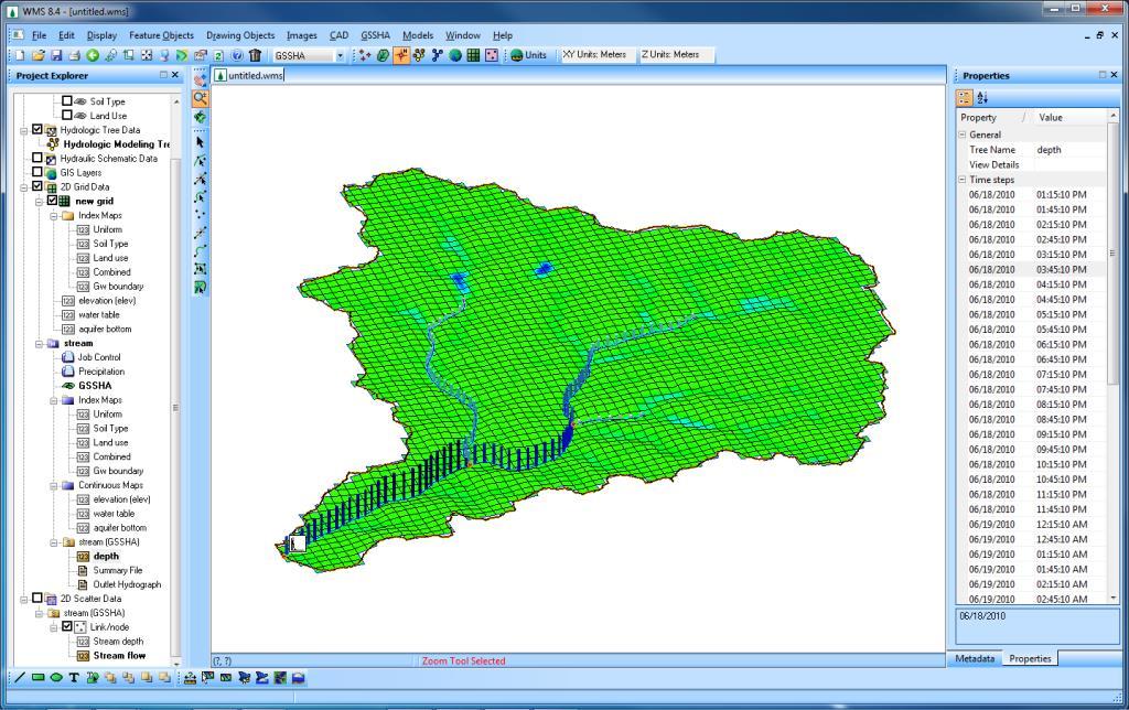 tutorial shows how to setup a working GSSHA model with overland flow, infiltration, and channel routing using steps in the hydrologic modeling wizard.