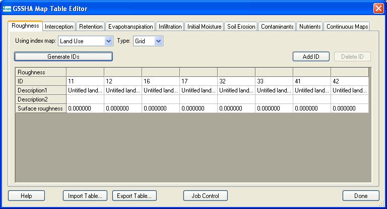 6. The GSSHA Map Table Editor dialog will pop up. Define the index mapping parameters. 14 Defining Model Parameters 1.