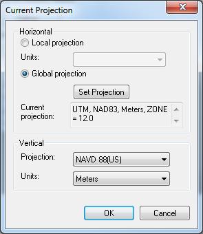 3. Set the Projection and Datum to be UTM NAD 83, Zone 12 and set the horizontal and vertical units to meters. Set the vertical projection to NAVD 88 (US) and click OK. 5 Importing the DEM Data 1.