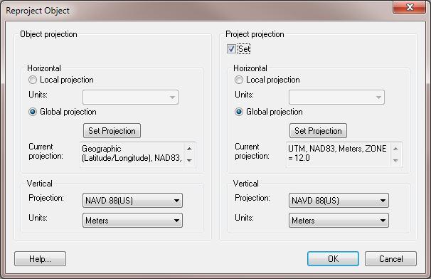 5. Set the New Projection Horizontal system to UTM NAD 83 (US). Make sure that the UTM zone is 12 and the vertical system is NAVD 88 (US) in the new projection.