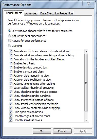 The performance Options window will be