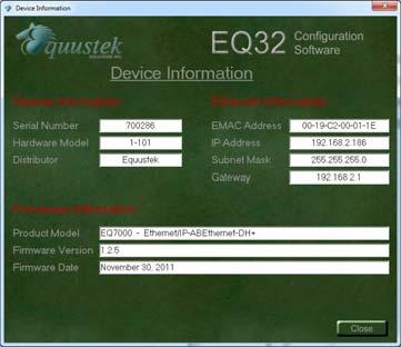 Device Information The Device Information option is used to view information about the EQ7000 gateway device. The information shown here will be needed if you call for technical support.