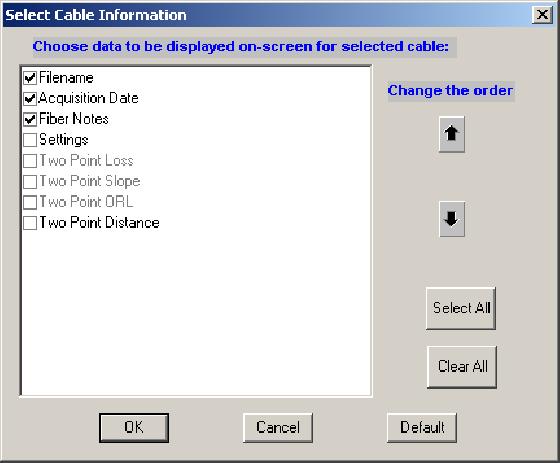 OTDR Report Generator Mode Figure 2-48: Summary Cable element selections Summary Header/Footer: Enter the Report Title that you want to appear on the first page of the report.