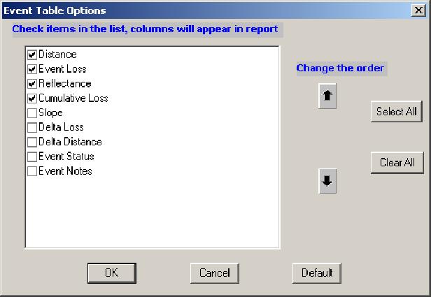 OTDR Report Generator Mode Figure 2-51: Batch Report Event Table Options dialog box Trace: Select to include the trace view in the report.