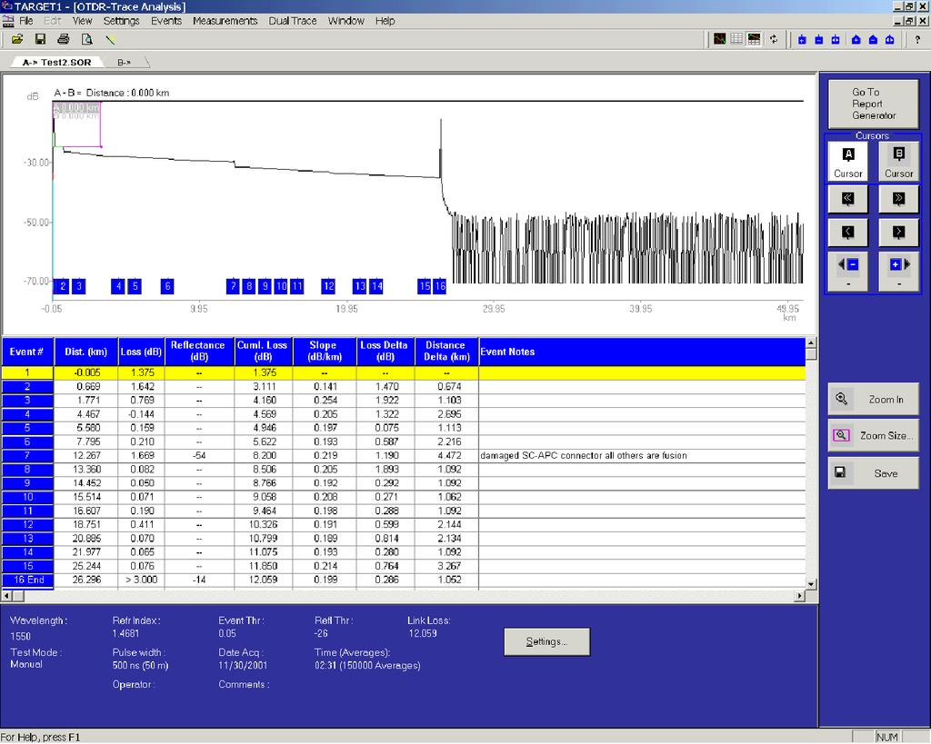 OTDR Trace Analysis Mode Functional Overview of Trace Analysis Mode The features, functions, and interface controls for the NetTek Analyzer OTDRs are emulated by the TARGET1 Trace Analysis, Report