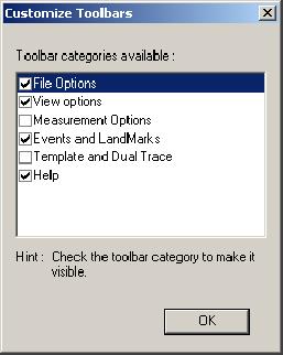 OTDR Trace Analysis Mode Customize Toolbars Beneath the menu bar is a row of icons that provide quick selections for the tasks and setups.