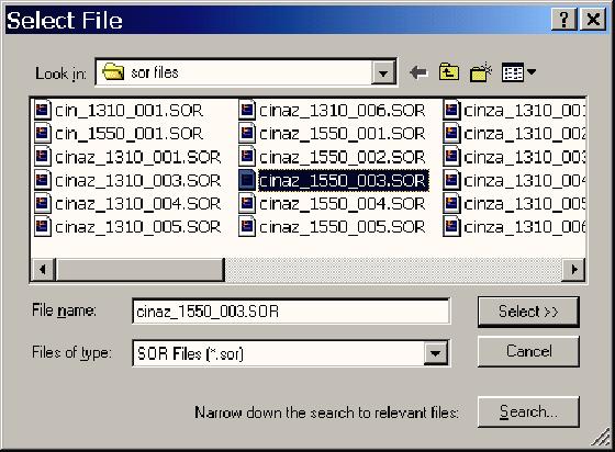 OTDR Report Generator Mode Figure 2-32: Select file navigation screen 6. Indicate what file extensions the Report Wizard should look for and how many digits are used in your file incrementing.