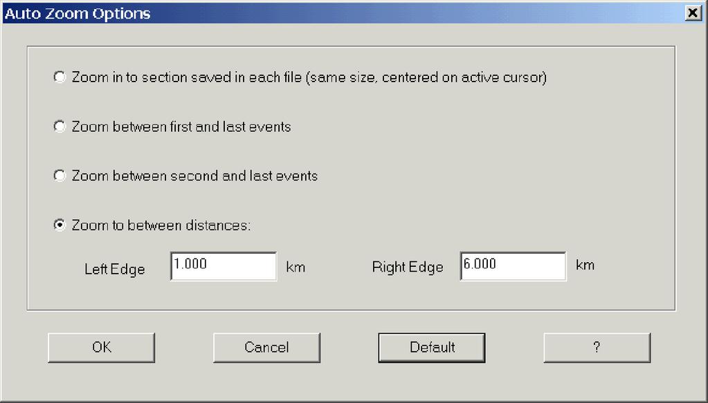 OTDR Report Generator Mode Figure 2-43: Analysis Auto Zoom options Test Settings and Limits TARGET1 checks the files listed in the first file name group to determine what wavelengths are present.