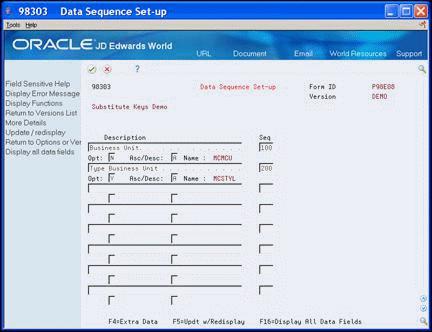 Assigning Sequence Numbers to Select Keys 30.7 Assigning Sequence Numbers to Select Keys You use the Data Sequence Set Up screen to locate the field that represents the original select key.