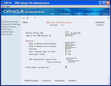 Updating EBB Setup Files Figure 3 1 EBB File Setup Maintenace screen 2. To validate the fields, click Enter. 3. To proceed with the update, choose Update (F10).