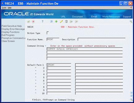 Creating a New Routing Function Figure 22 2 EBB Maintain Function Description screen 3. Enter up to 10 parameters. EBB Function Description fields are blank for defining additional functions. 4.
